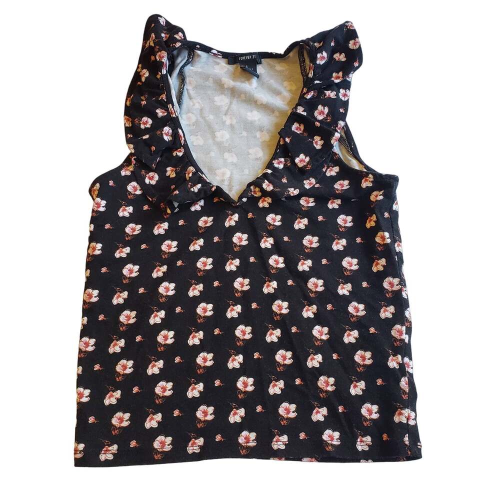 Forever 21 Tank Top Shirt Small Black Floral Print Ruffle V Neck Summer Beach